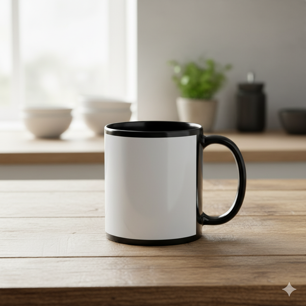 Tasse schwarz mit weißem Feld